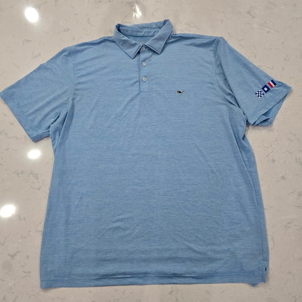 Vineyard Vines Men XL On-The-Go Sankaty Polo Shirt Blue Heather Stripe Flag Logo